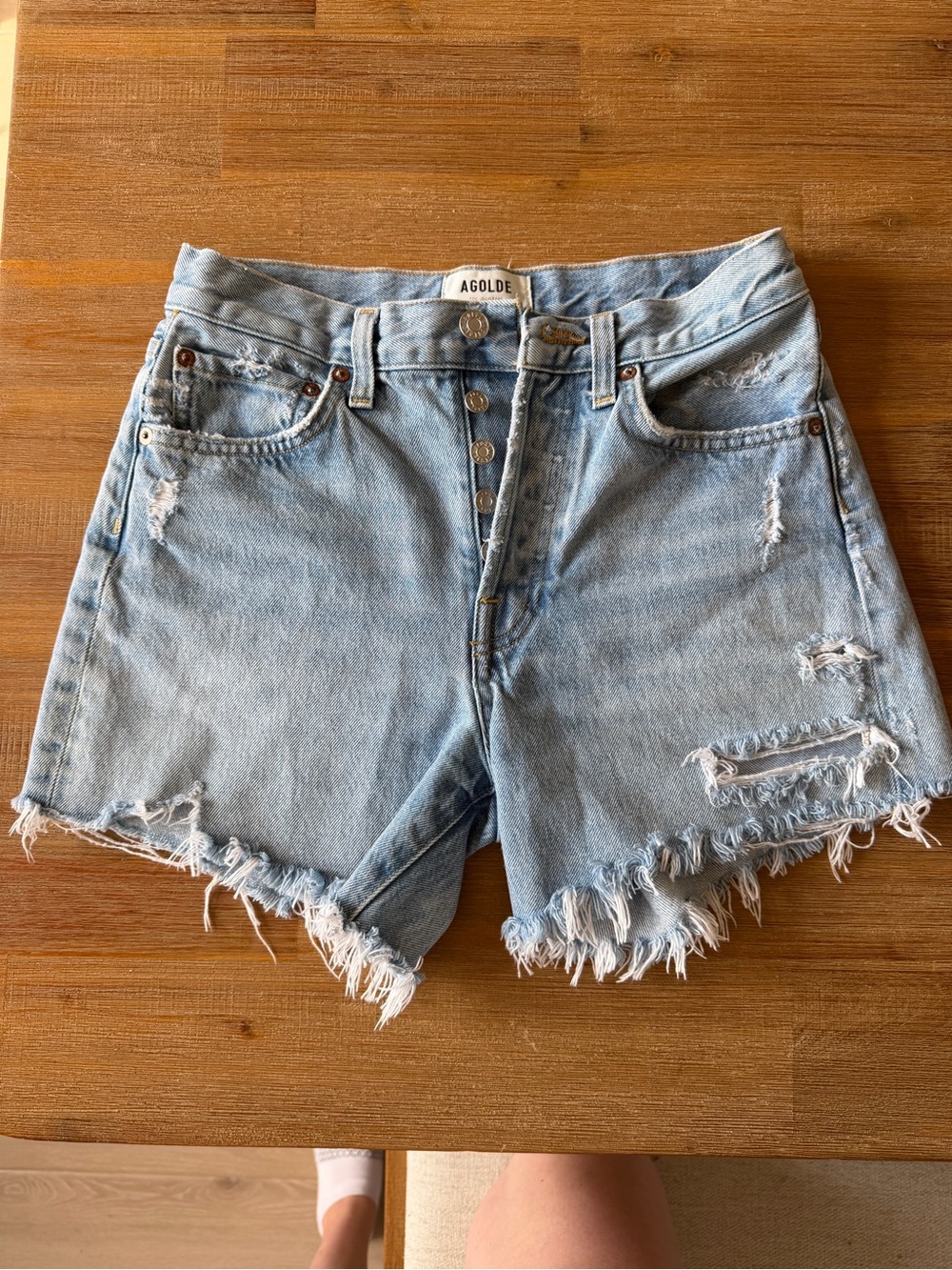 AGOLDE Parker Long Denim Shorts | Women’s Size 24 | Light Wash Distressed Cutoff